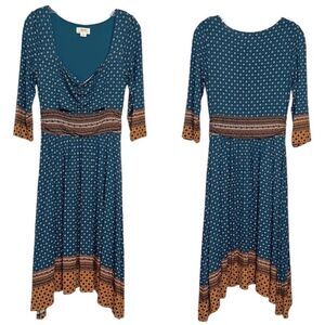 Anthropologie Maeve Teal Blue Orange Beloved 3/4 Sleeve Motif Floral Midi Dress